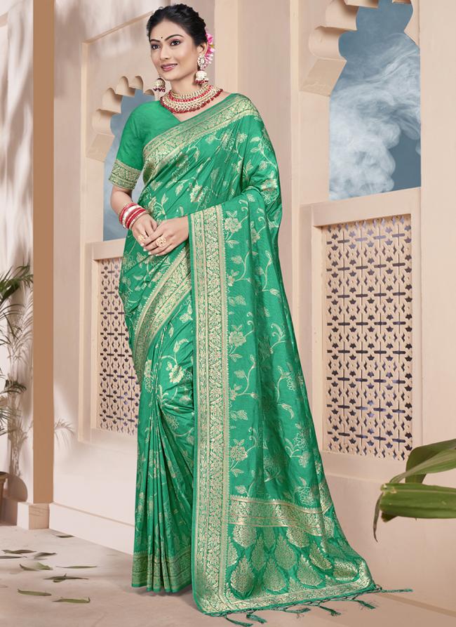 Silk Teal Wedding Wear Zari Work Saree